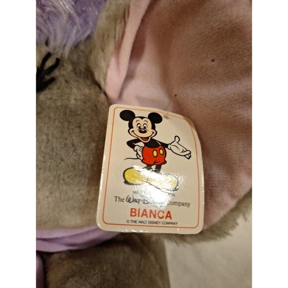 80s Disney Bianca Gray Plush Mouse Stuffed Purple Bow 16" Vintage Made in Korea - Picture 5 of 16